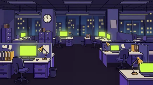 The office at 11 pm: dark cubicles under purple light