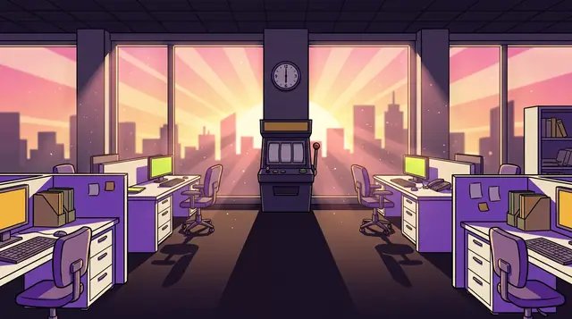 The office at 6 am, warm sunrise light through the windows