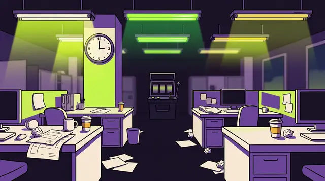 The office at 3 am, lit by flickering lime fluorescent light