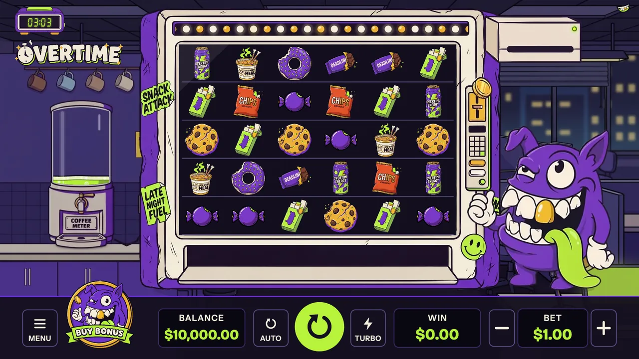 Overtime base game: a 6×5 grid of snacks inside the vending machine, the Gremlin standing beside it