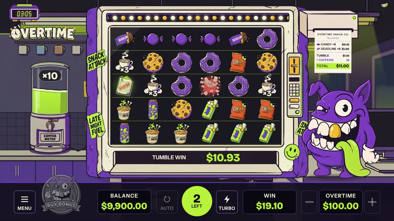 Overtime free spins at 3 am: the Caffeine meter shows ×10 and Reply All has copied a ×3 Espresso to more cells