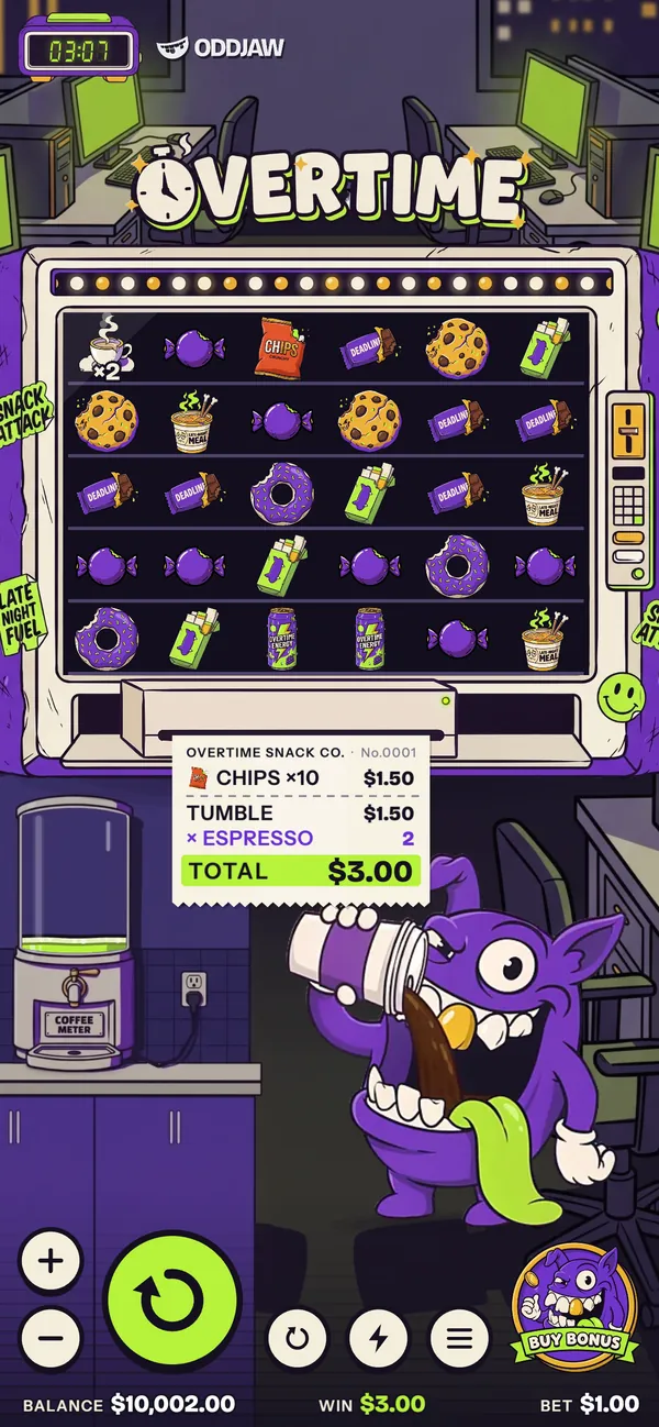 Overtime in portrait on a phone: the machine on top, the Gremlin and controls below, a receipt showing a Chips win multiplied by Espresso